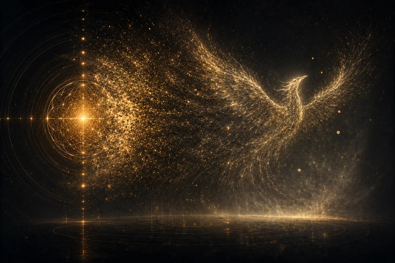 Aus der vollendeten Ordnung — einem goldenen Kreis aus Licht — erhebt sich ein Phönix aus Sternenstaub